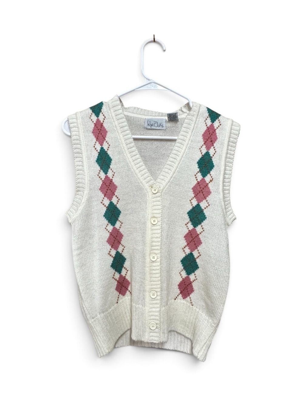 Wye Oaks Ivory Argyle Knit Cardigan Sweater Vest Women’s Medium Classic Preppy